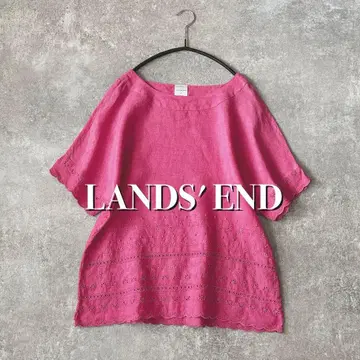 랜즈 엔드 린넨 100% 자수 컷워크 레이스 블라우스 스캘럽 반팔