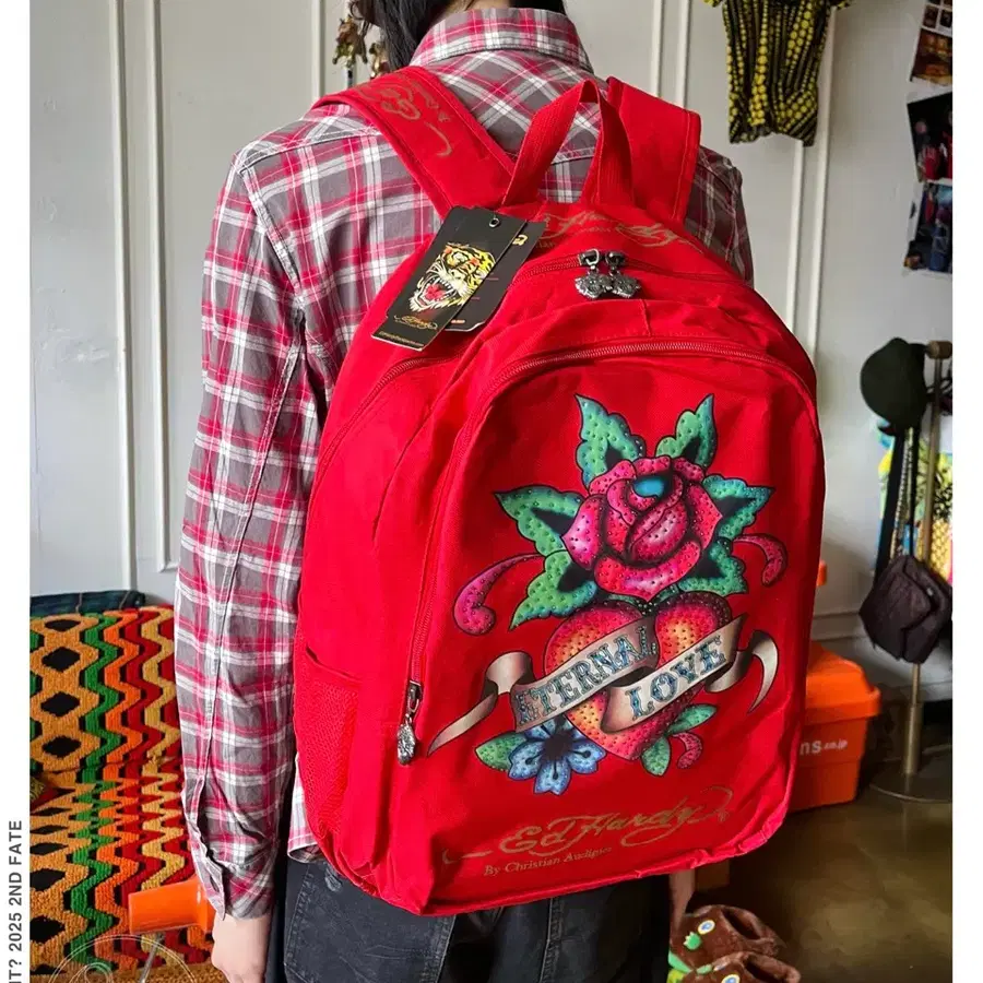 90s-00s ED Hardy 에드하디 빈티지 빅 아이콘 큐빅 백팩 가방