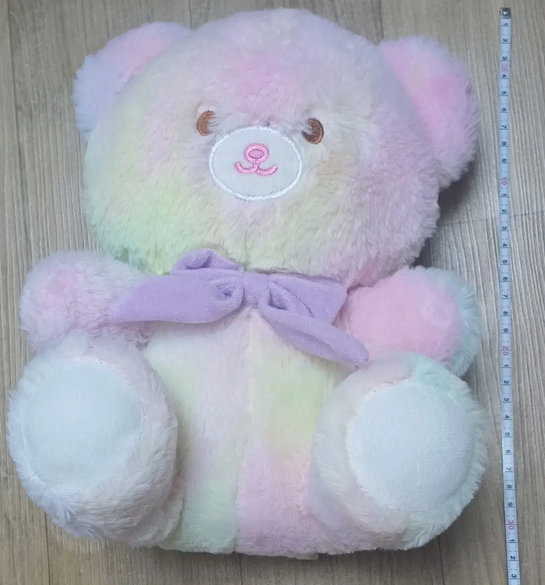 무지개 파스텔톤 보라 리본 곰돌이 인형