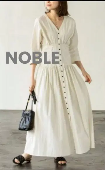 NOBLE 노블 시어서커 V넥 롱 원피스 화이트 F