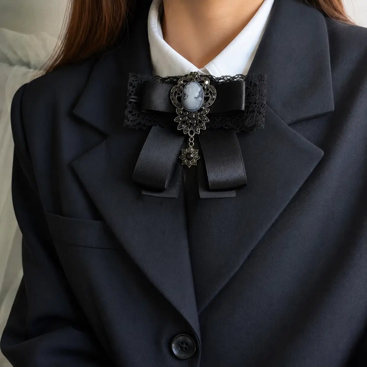 엔틱 카메오 레이스 리본 브로치 헤어핀 블랙 지뢰계 공주