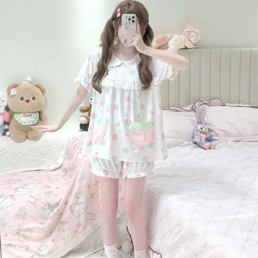 딸기 프린트 칼라 반팔 홈웨어 잠옷 세트