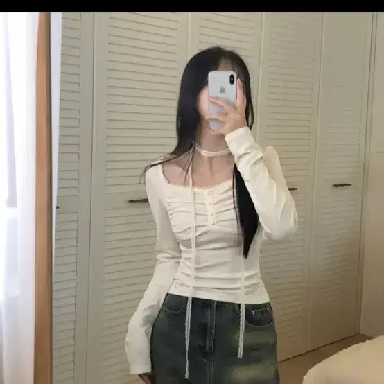 더멋 셔링 스퀘어넥 콩단추 스판 긴팔티셔츠