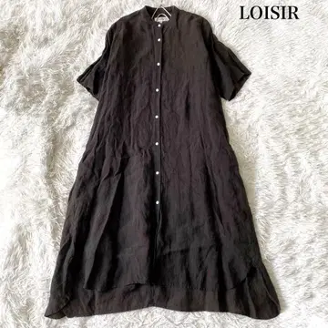LOISIR 린넨 밴드 카라 롱 셔츠 원피스 A라인 브라운