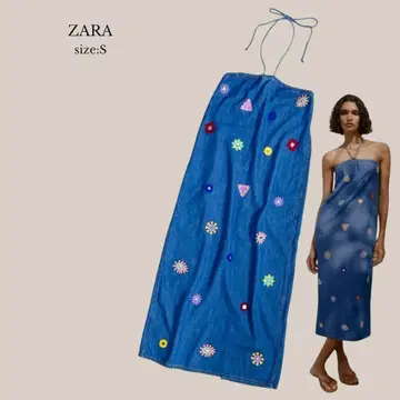 자라 ZARA 자수 미디 원피스 자수 데님 원피스 홀터넥