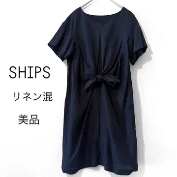 [ 새상품급 ] SHIPS 린넨 혼방 허리 리본 원피스 네이비 F