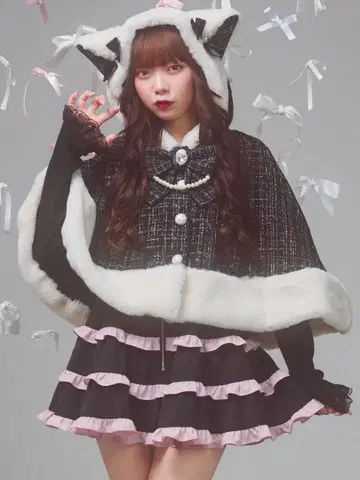 고양이 반짝이 트위드 판초 블랙 AnkRouge