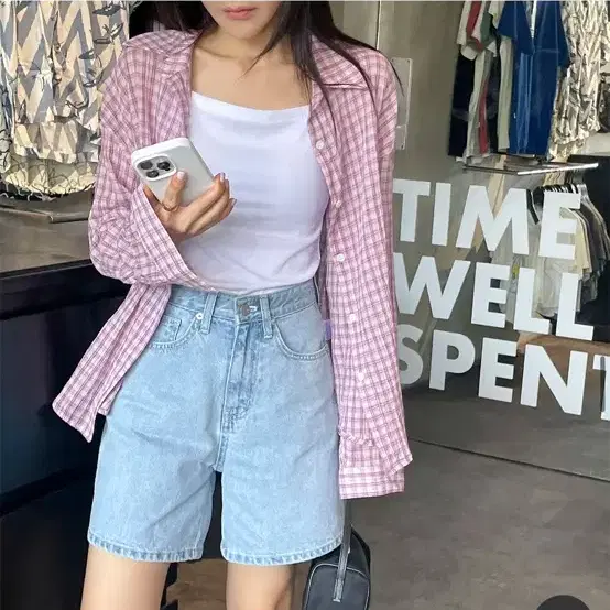 로니엘 핑크 체크 셔츠