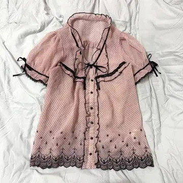 LIZLISA 계열 시어 블라우스 반팔 도트 발레코어 히메갸루 리본