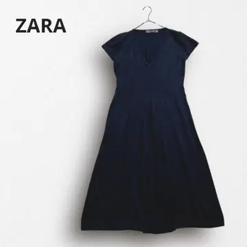 Y7468*ZARA V넥 롱 원피스 반팔 미 실루엣 블랙 M