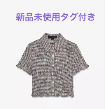 ZARA 깅엄 체크 셔링 반팔 블라우스 M