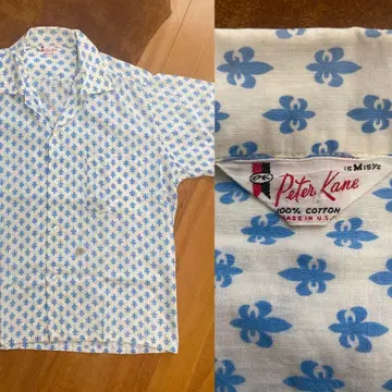 레어 60s vintage 백합 문장 올 패턴 코튼 오픈 카라 셔츠