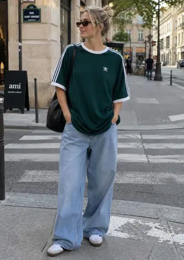 오버 사이즈 adidas originals 쓰리 스트라이프 티셔츠 그린