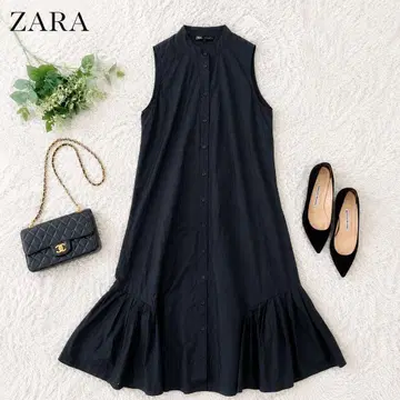 ZARA 밑단 플리츠 밴드 카라 셔츠 원피스 롱 슬리브리스 블랙
