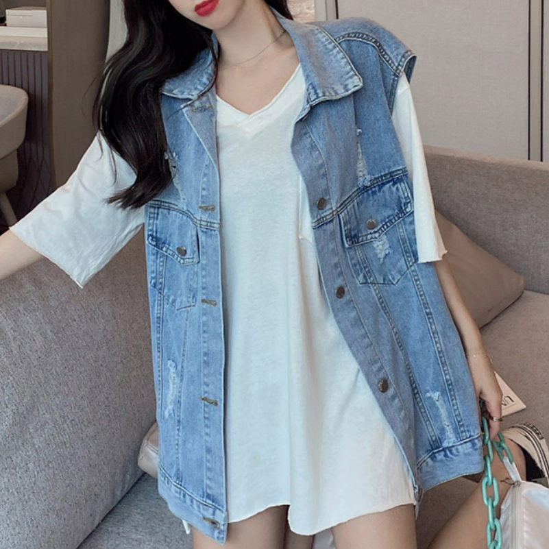 프린팅 데님 카라 민소매 연청 롱 조끼 베스트 캐주얼룩