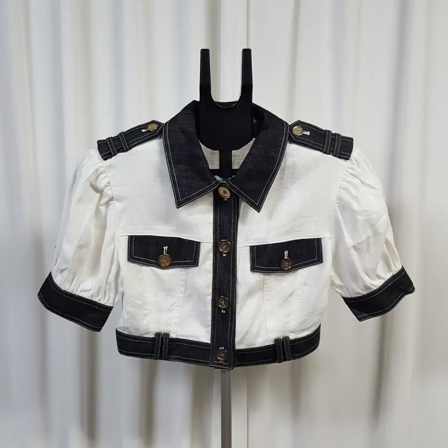 여성 1회착용 퍼프소매 카라 크롭 반팔 자켓 FREE 오일장 0331