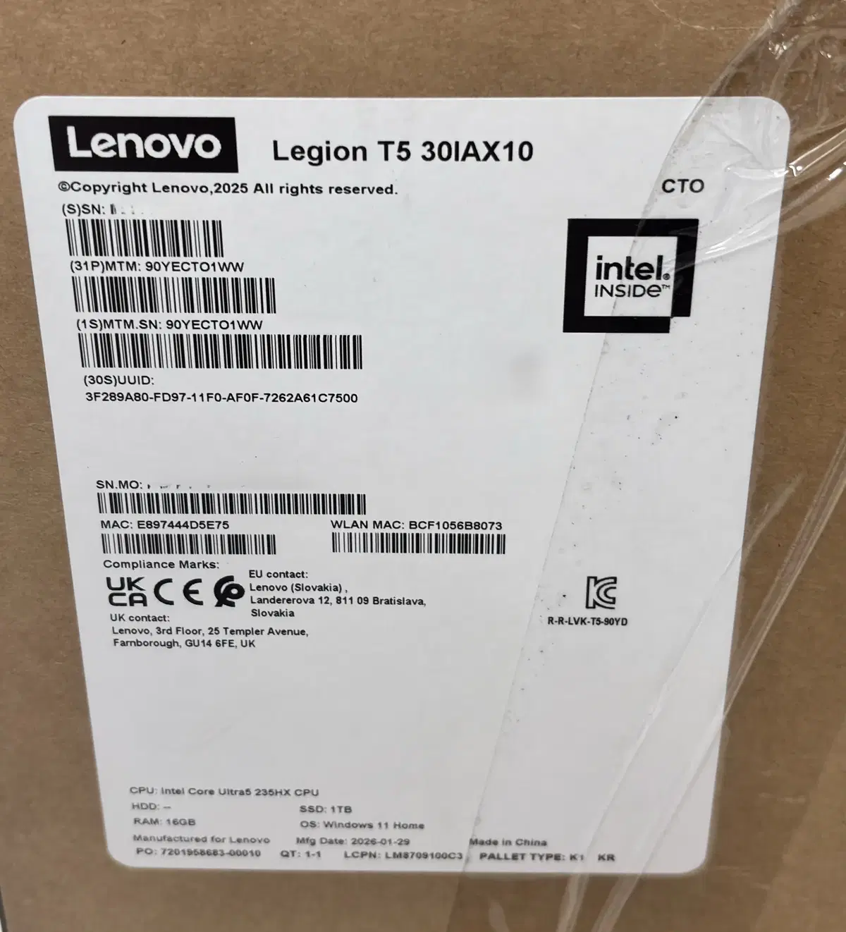 미개봉 레노버 리전 T5 게이밍PC / Ultra5 235HX / RTX5060 / 16G / 1TB