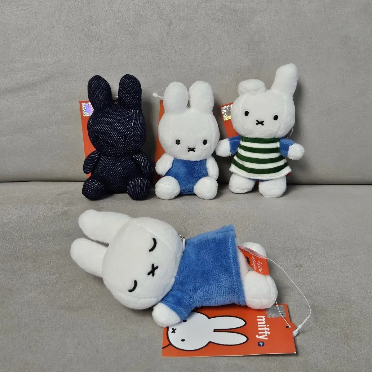 [4종일괄]잠자는 미피, 데님, 스탠딩 블루, 스트라이프 미피 키링 인형