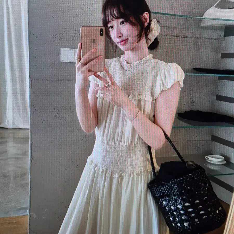 (해외배송)퍼브소매 주름 롱 원피스