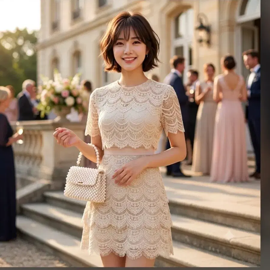 고급스러운 레이스 소재의 베이지 컬러 원피스
