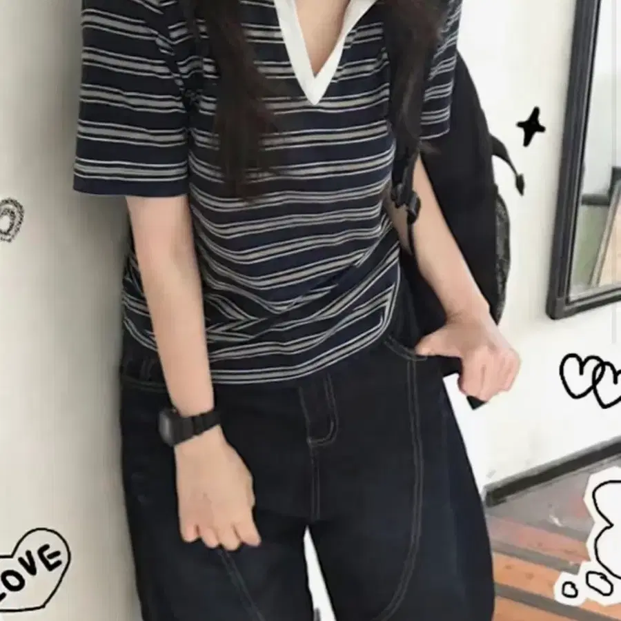 단가라 스트라이프 카라 반팔티