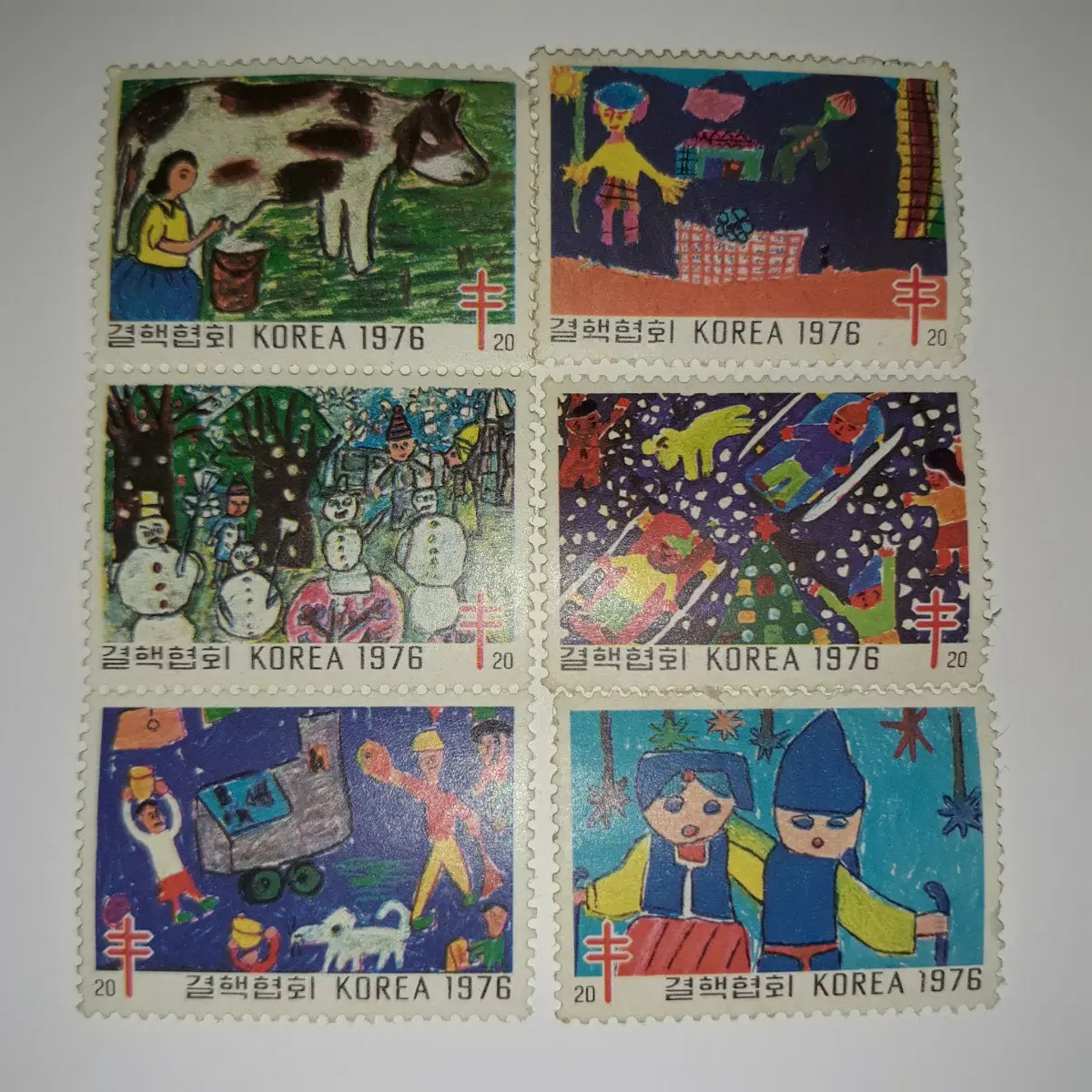 미사용/1976년 한국 어린이 그림 우표 6종 세트
