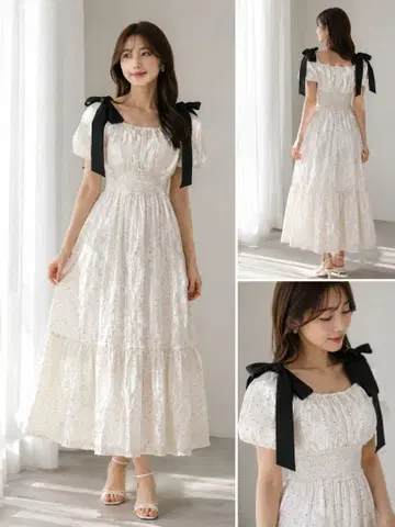 G R L 도트 무늬 퍼프 슬리브 롱 원피스 블랙 x 화이트