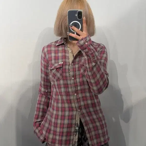 M Roxy 포켓 빈티지 체크 셔츠 레드