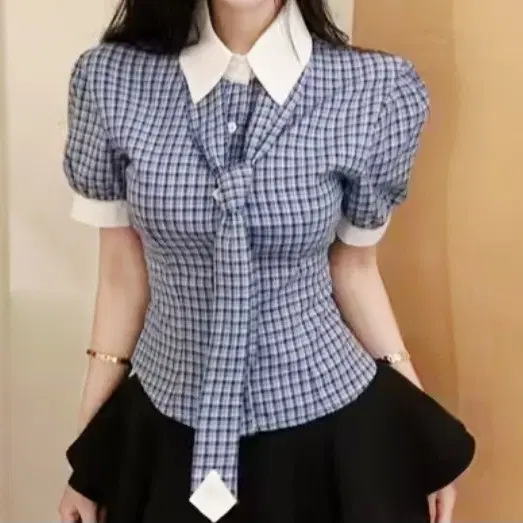 ㅁ새상품ㅁ 퍼프소매배색블라우스 플리츠스커트 타이 3ps
