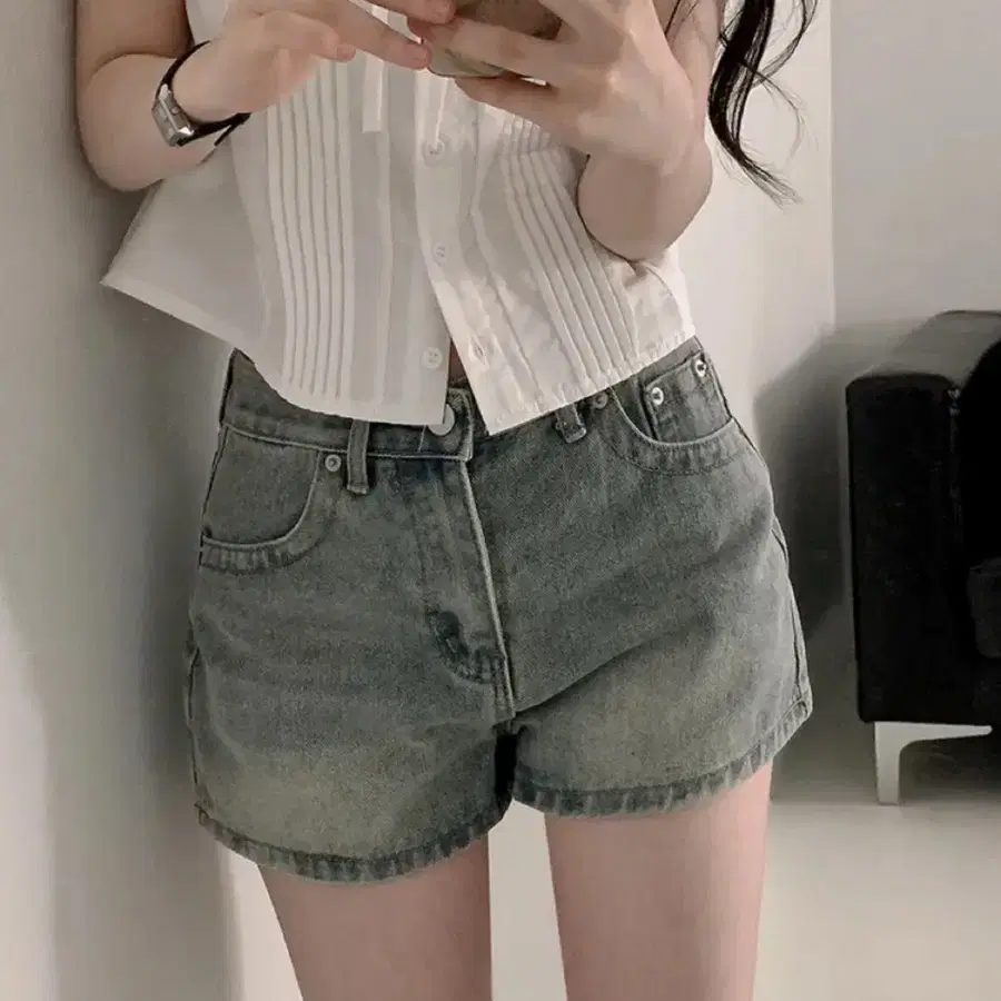 워싱 데님 숏 팬츠