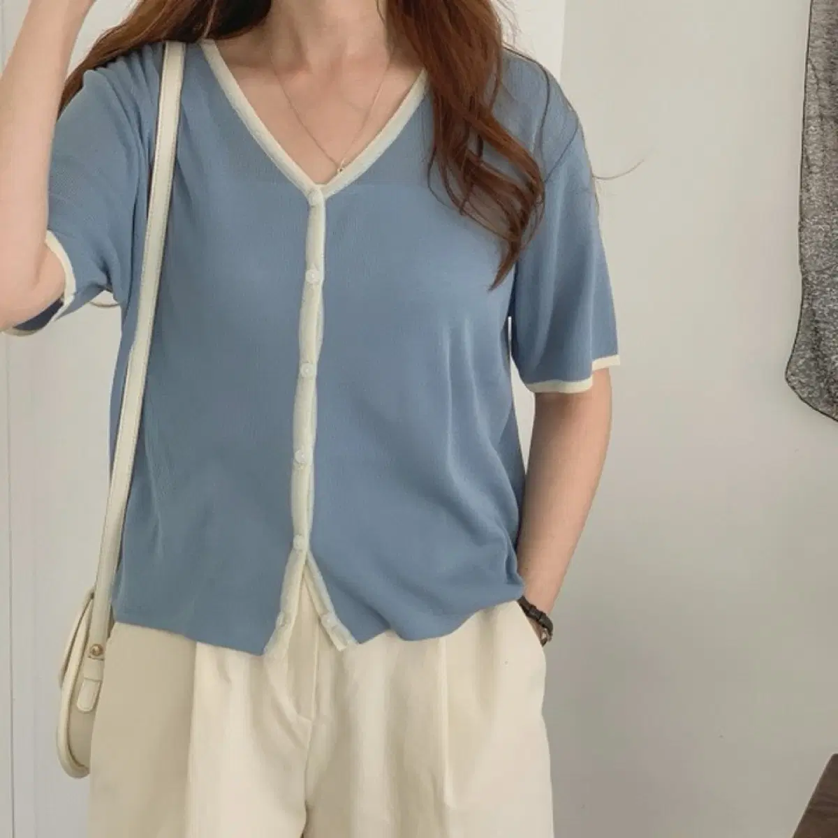 블루 라운드넥 소라 반팔가디건 여름가디건 민트코어 에이블리지그재그