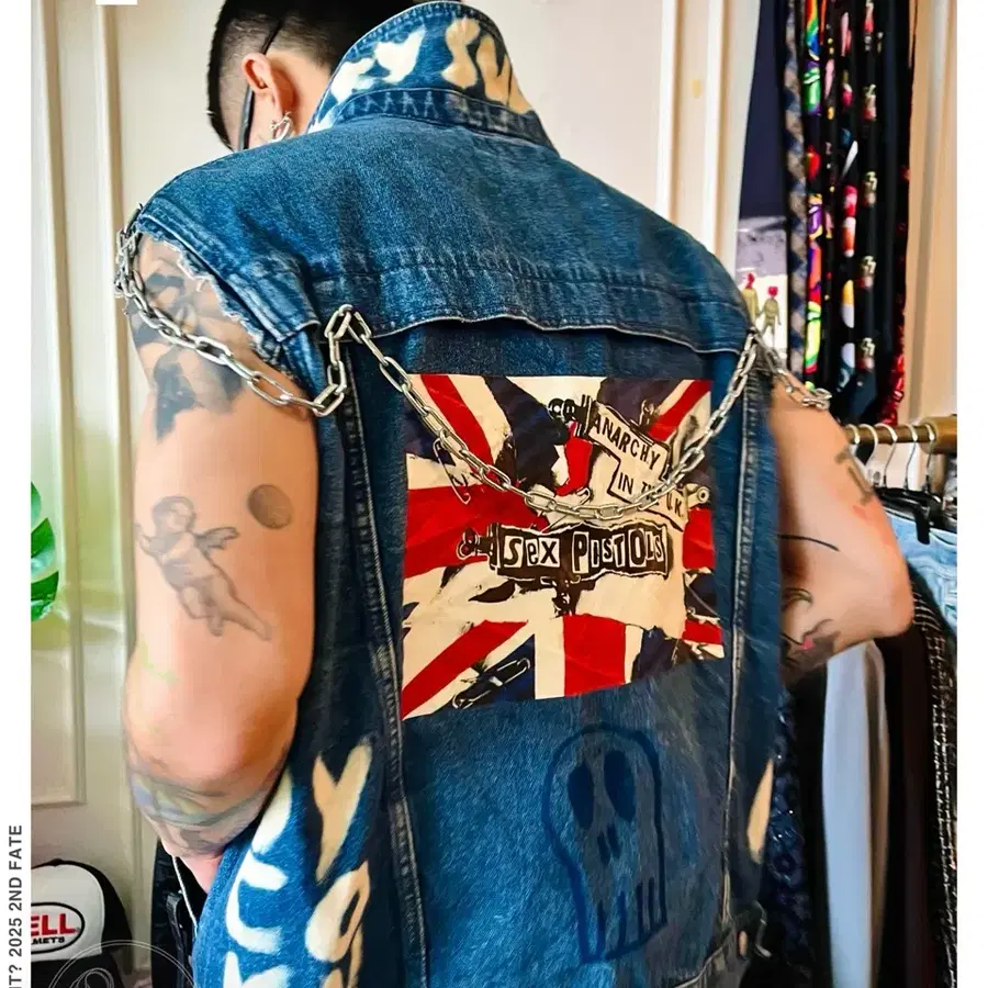 90s Sex Pistols 빈티지 섹스피스톨즈 락 밴드 체인 락카 페인팅 커스텀 트러커 데님 베스트 자켓