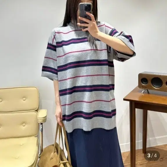 박시 오버핏 배색 단가라 반팔 니트