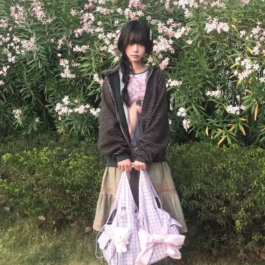 시월 siweol 핑크 체크 리본 토트백