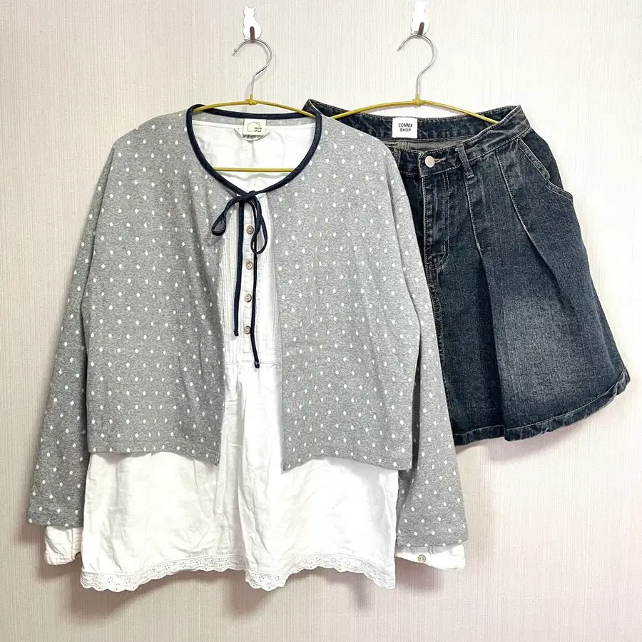 도트 데님 set ( 블라우스, 가디건, 스커트 )