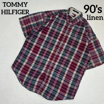 [레어] 90's TOMMY HILFIGER 플래그 택 린넨 혼방 반팔 셔츠