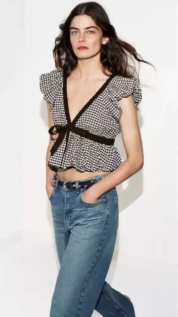 ZARA 깅엄 체크 패턴 벌룬 상의