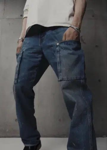 새상품급 ZARA 페인트 스플래터 카고 데님 팬츠 시마 타카히로 착용