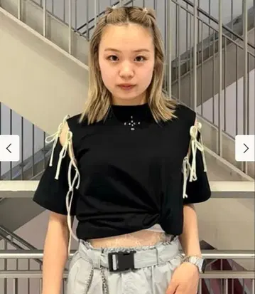 f a s c m 오픈 숄더 반팔 T셔츠 블랙