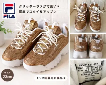 새상품급 FILA 디스럽터 2 통굽 스니커즈 글리터 라메 골드 23cm