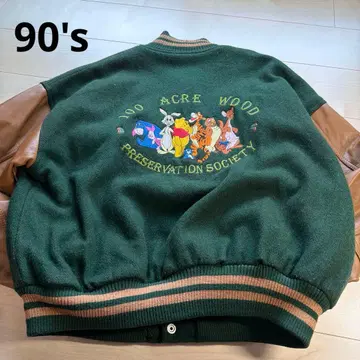 90s USA제 디즈니 푸우 천연 가죽 울 바시티 자켓 자수 그린