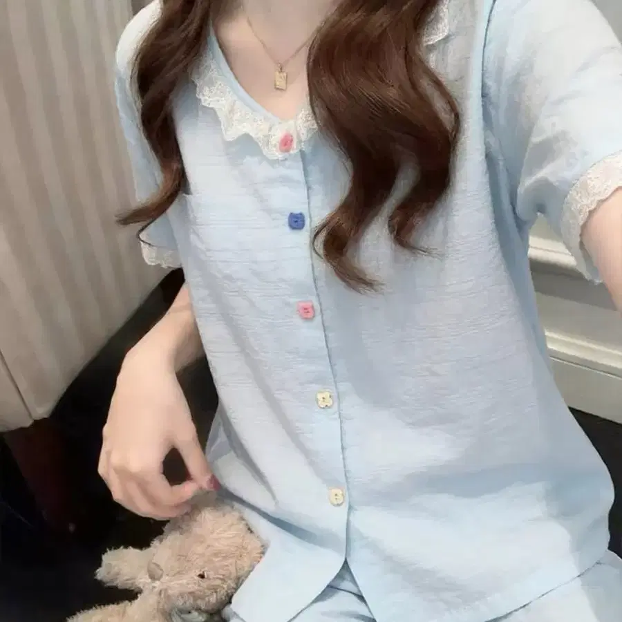 파스텔톤 레이스 파자마 세트L