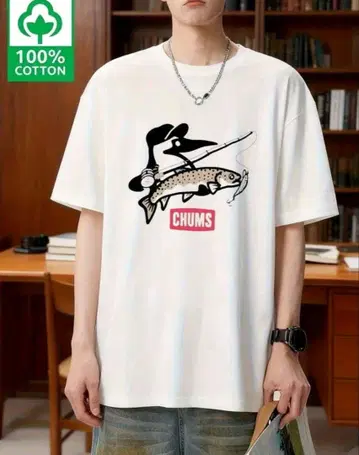 CHUMS 참스 낚시 낚시 T셔츠 화이트