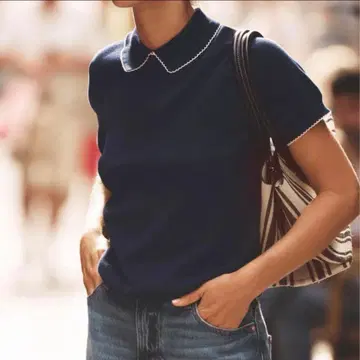 ZARA 파이핑 니트탑 네이비 폴로 니트 반팔