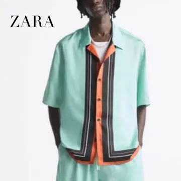 ZARA 스트라이프 프린트 셔츠 광택 그린 블루