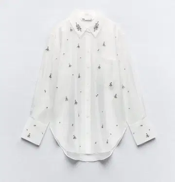 ZARA 주얼리 스톤 오버 사이즈 셔츠 시어 긴팔 화이트