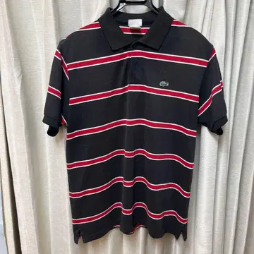LACOSTE 피케 셔츠 보더 무늬 블랙 레드 페이드