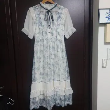 axes femme 꽃무늬 레이스 롱 원피스 반팔 리본 포함