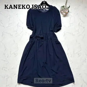 [ KANEKO ISAO ] 핀턱 셔링 리본 롱 원피스 네이비 F