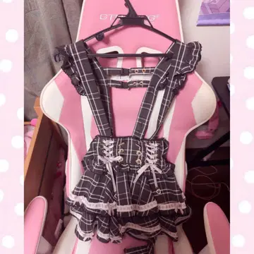 LIZLISA 사다리 리본 체크 티어드 치마바지 핑크 x 블랙